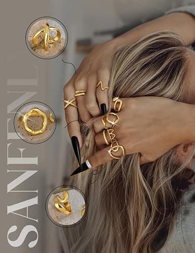 Sanfenly 12 PCS Chunky Gold Rings for Women Non Tarnish 18K Gold Plated Adjustable Statement Ring Knuckle Thumb Stackable Open Rings Set Fashion Jewelry Gifts thumbnail 7
