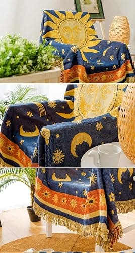 Erke Moon and Sun Throw Blanket Celestial Chair Recliner Cover Bed Spread Hippie Room Decor, Double Sided Cotton Woven Sofa Couch Furniture Aesthetic Witchy Throws - 50" X 70", Yellow/Blue thumbnail 5