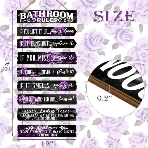 PEKCARGO Bathroom Wall Decor Funny Bathroom Signs Bathroom Rules Pictures Wall Art Decor Rustic Farmhouse Toilet Decor Wooden Sign (Purple Rose) thumbnail 3