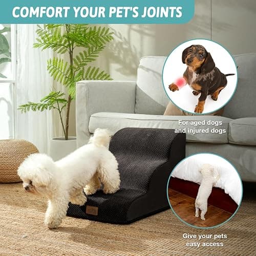 COZY KISS Dog Stairs for Small Dogs 15.7" H, Curved Dog Step for Puppy, Older Cat, Medium Pet Ramp for Sofa, Couch or Chair, Ladder with High Density Foam, 3 Step, 15.7x22.4x15.7 inch, Black thumbnail 3