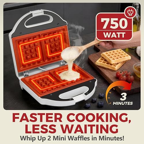 AshGlen Ceramic Mini Waffle Maker 2 Slices, Belgian Waffle Maker, Waflera Electrica, Double Small Waffle Maker, Making 2 × 4" Waffles with PFAS-Free Ceramic Coated Non-Stick Cooking Plates, White thumbnail 3