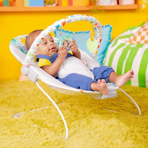 Bright Starts Baby Bouncer Soothing Vibrations Infant Seat - Removable -Toy Bar, Nonslip Feet, 0-6 Months Up to 20 lbs (Safari Fun) thumbnail 4