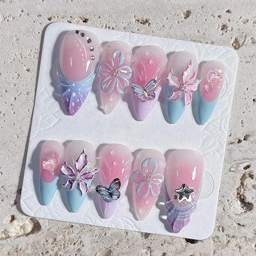 30Pcs Spring Butterfly Press on Nails Medium Almond Purple French Tip Fake Nails with Butterflies Rhinestones Cute Flower Acrylic Nails Spring False Nail Set Floral Full Cover Stick on Nails for Women - Image 1
