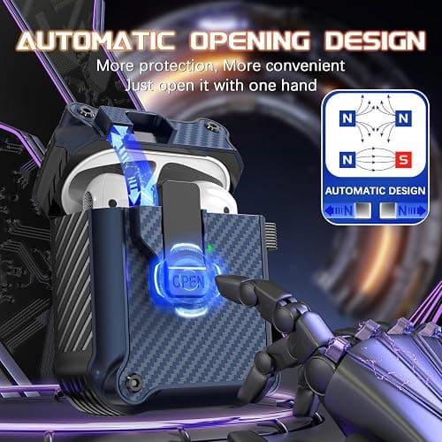 R-fun Compatible with AirPods 2nd Generation 2019,1st Gen 2016 Charging Case Cover, Full Drop Protection Auto Pop-Up Lid Compatible with Airpods Case with Cleaner Kit & Keychain,Fiber Night Blue thumbnail 2