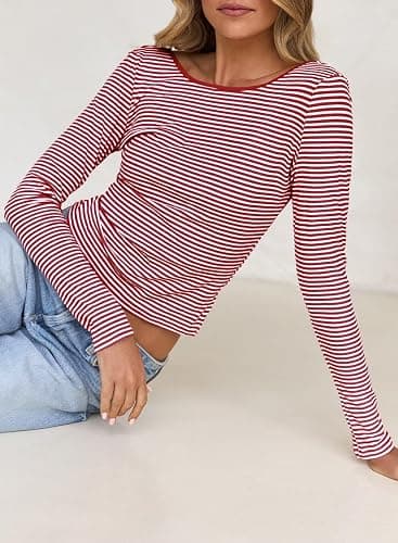 Falechay Long Sleeve Shirts for Women Backless Y2K Striped Sexy Crop Tops | Going Out Outfits, Boat Neck, Dressy Casual, Stretchy, Slim Fit T-Shirts, Butter Soft, Party, Vacation, Cute, Trendy 2026 thumbnail 4