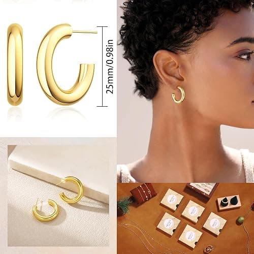 NECOCY 4 Pairs 14k Gold Hoop Plated Earrings Set for Women - Huggie Dangle Stack - Trendy Multiple Piercing Stud CZ Ear Cuff - Non Tarnish Jewelry thumbnail 6