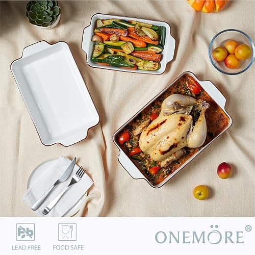 ONEMORE Lot de 4 plats à gratin en céramique avec poignées, Plats à cuisson rectangulaires, Plat à lasagnes pour gâteaux, repas et banquets, Compatibles lave-vaisselle et four thumbnail 2