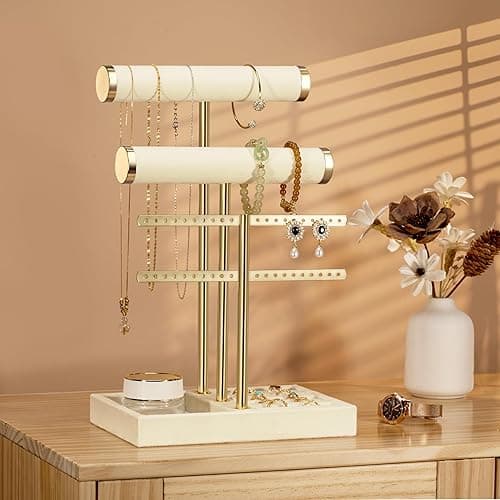 3 Tier Bracelet Holder Display - Detachable T Bar Beige Velvet Bracelet Holder, Jewelry Holder Organizer for Bracelet, Necklace, Earrings, Rings thumbnail 5
