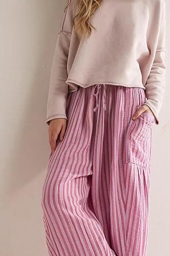 MISSACTIVER Women Summer Striped Harem Pants Flowy Baggy Casual Wide Leg Trousers Drawstring Boho Palazzo Pants with Pockets thumbnail 2