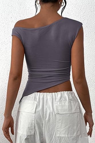 PRETTYGARDEN Womens 2025 Summer Off The Shoulder Crop Tops Sleeveless One Shoulder Ruched Asymmetrical Y2K Going Out Tank Top thumbnail 2