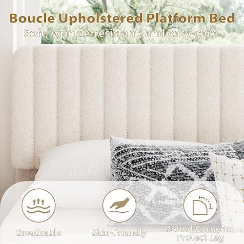 viplov Queen Size Boucle Bed Frame, Adjustable Headboard, Beige | Fluffy Boucle Upholstered Platform Bed Frame, Cloud Adjustable Headboard, Rounded Corners. Squeak‑free, Fast assembly thumbnail 4