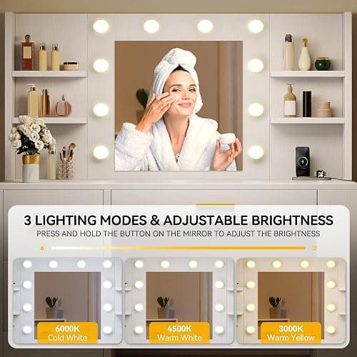 YITAHOME Vanity Desk with 22" Mirror, LED Lights and Power Outlet, Makeup Table with 4 Drawers, Adjustable 3 Lighting Colors, Vanity Table with Open Storage Shelves for Bedroom Dressing Room, White thumbnail 4