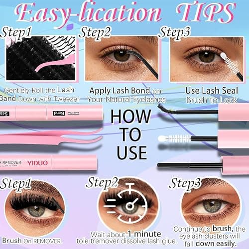 YIDUO 575Pcs Lashes Clusters Kit with Glue and Removers, D Curl Volume 150D+200D Thick+Spiky Lashes Extension, 12-21mm Thick Extension Eyelashes DIY Individual False Eyelash Kit DIY at Home Easily thumbnail 8