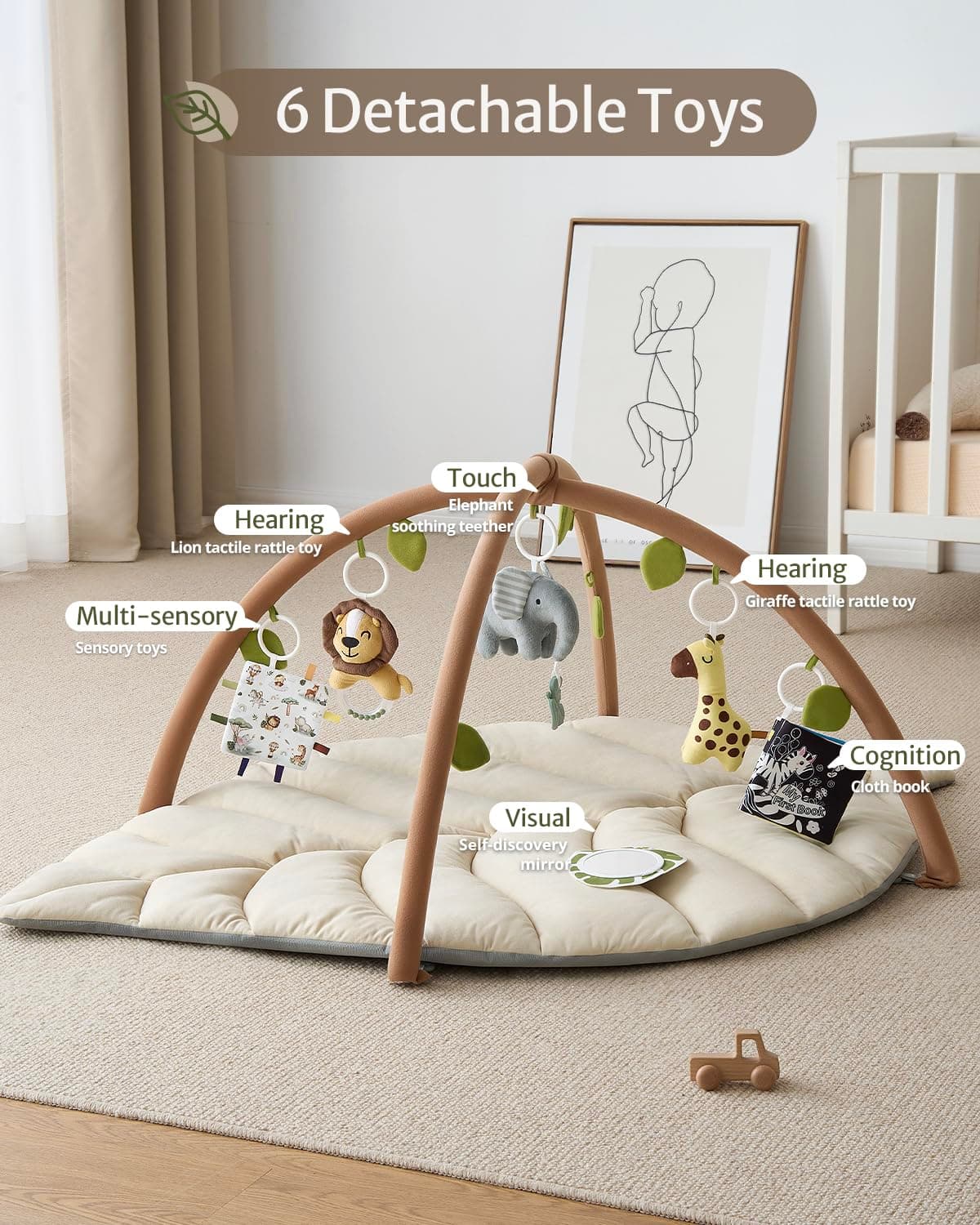Blissful Diary Baby Play Gym & Activity Mat, Leaf Shaped Baby Tummy Time Play Mat with 6 Detachable Toys, Promotes Motor Skills & Sensory Development, Oatmeal Beige thumbnail 3
