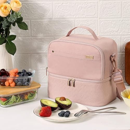 NISHEL Lunch Bag for Women, Insulated Two Separate Compartments Meal Box with Adjustable Shoulder Strap, Leakproof Cooler Case for Work, Pink thumbnail 2