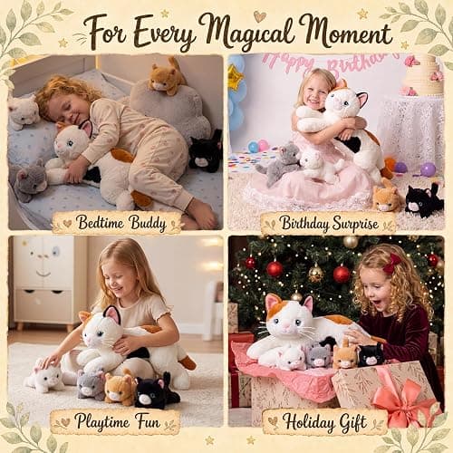 gnomantic Cat Stuffed Animals with Babies Inside, Mommy Toy for Kids | 5-Piece set: 1 mommy cat + 4 baby kittens inside. Unzip belly to reveal surprise babies. Ultra-soft, ages 3-8. thumbnail 6