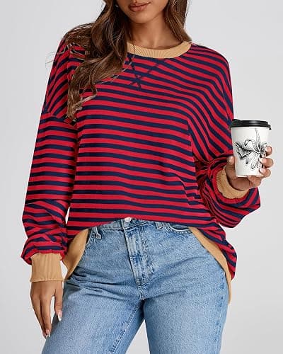 BTFBM Womens Oversized Striped Sweatshirt Crewneck Long Sleeve Pullover Top Casual Y2K Fall Clothes 2025 Workout Shirt thumbnail 6