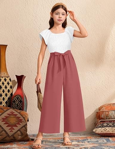 Gaupafmb Girls' Jumpsuits & Rompers Wide Leg Jumpsuit with Belt Elastic Square Neck Cap Sleeve Girls Romper Size 7-14 - Pink - 11-12Y thumbnail 3