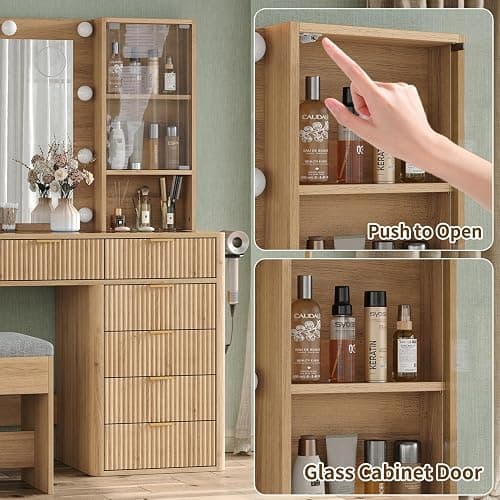 Yanosaku 47" Fluted Vanity Desk with Mirror & LED Lights, 7-Drawer Makeup Vanity with Glass Top & Cabinet, Vanity with Chair & Charging Station, 3 Lighting Modes, for Bedroom, Natural Oak thumbnail 7