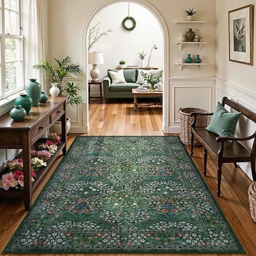 Lahome Floral Dark Green Area Rugs 5x7, Soft Washable Rugs for Living Room Bedroom, Boho Non Slip Low Pile Forest Giverny Carpet for Farmhouse Dining Room Office, Dark Green thumbnail 2