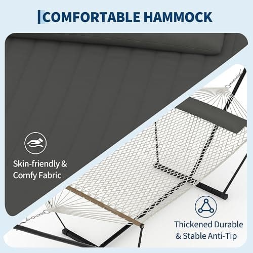 Garvee 2 Person Portable Double Hammock for Outdoor with Pillow, Heavy Duty Portable Hammock with Adjustable Steel Stand for Patio, Garden, Beach, Backyard thumbnail 7