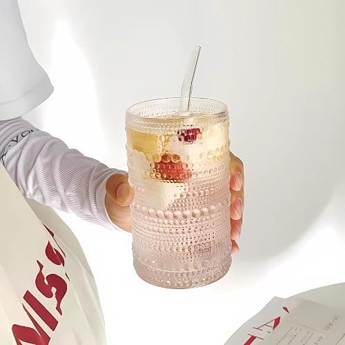 Ework4U 2 Pcs Iced Coffee Glasses Cups with Glass Lids and Straws,12 oz Thick Emboss Beaded Drinking Glass Cup Set,Latte Glasses,Ideal for Water,Soda,Gift - with Cleaning Brushe thumbnail 3