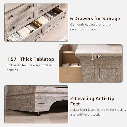 Farmhouse 6 Drawers Dresser for Bedroom, 54" Wide Large Dressers & Chests of Drawers w/Roman Column, Wooden Dresser TV Stand with Large Drawers for Nursery Bedroom Living Room Hallway,Light Rustic Oak thumbnail 5