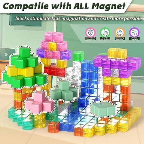 Magnetic Blocks Building Toys - Transparent Rainbow Magnetic Cubes Set, Outdoor Sensory Autism STEM Toys Gifts for Kids Aged 3+ Year Old Boys & Girls thumbnail 7