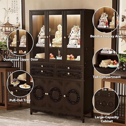 YKLYTBD Bamboo Home Altar Table Cabinet with Acrylic Dustproof Doors, Pull-Out Worship Platform & Storage Shelves, Multi-Tier Buddhist Butsudan Shrine for Meditation Room, Oriental Zen Style thumbnail 3
