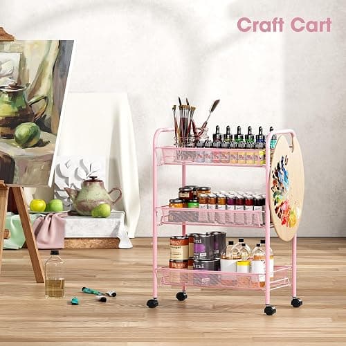 TOOLF 3 Tier Rolling Cart, Metal Utility Storage Cart with Wheels, Pink | 3 Hooks, Screwless Assembly, Trolley Organizer for Bathroom, Kitchen, Office, Nursery, Dorm, Laundry Room thumbnail 9