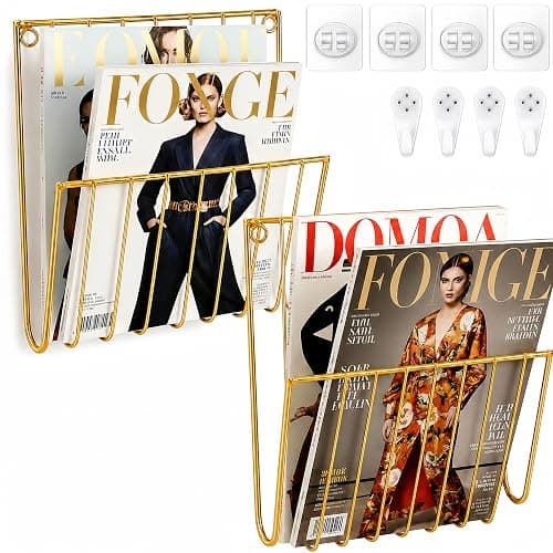Pipigaty 2-Pack Wall Magazine Rack, Gold Metal Mail and File Organizer | Durable gold metal rack holds magazines and mail while adding a modern accent to offices, bathrooms and living rooms - Image 1