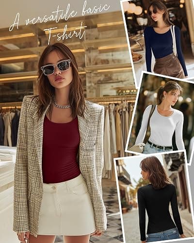 Ficerd 4 Pack Women's Scoop Neck Tops Long Sleeve Slim Fit T-Shirts Stretchy Tight Casual Plain Layering Shirts Tees thumbnail 5