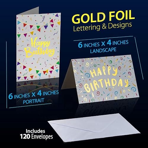 120 Pack Assorted Gold Foil Happy Birthday Cards with Envelopes, Organizer Box, Stickers, and Seals - 4x6 Inches, 8 Unique Designs, Ideal for Kids, Men, Women, and Elderly thumbnail 3