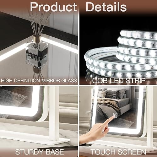 FENNIO Vanity Mirror with Lights - 15"x12.6" LED Lighted Makeup Mirror, Large Makeup Mirror with Lights, Touch Screen with 3-Color Lighting, Dimmable, for Vanity Desk Tabletop, Bedroom thumbnail 8