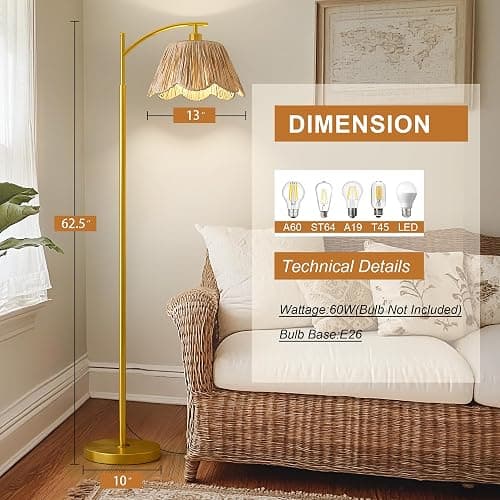 Oneach Arc Floor Lamp for Living Room,Rattan Boho Floor Lamp Decor with Hand-Woven Shade, Foot Switch,Gold Metal Base & Pole,Farmhouse Standing Lamp for Bedroom Corner,Reading thumbnail 4