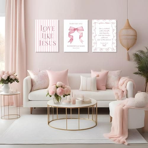 Coquette Pink Bow Wall Art Set of 3, Light Pink Bow Dorm Room Wall Decor Paintings, Inspirational Scripture Verses Canvas Posters Prints Pictures for Girls Dorm Room Bedroom Bathroom 12x16 Inch Framed thumbnail 2