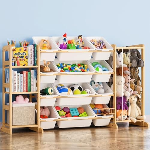 Toy Storage Organizer with Bookshelf and Stuffed Animal Storage - Kids Playroom Organization with Shelves and 12 Toy Bins - Toddler Living Room Toy Box for Lego - Nursery Bedroom Decor Essentials - Image 1