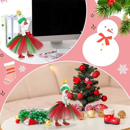 Sunnymove 7 Inch Christmas Mini Desk Goose Outfits with Christmas Tree shape Knitting Hat Red and Green Tutu Dress Mini Desk Goose Customs for Magnetic Statue Key Holder Decor thumbnail 5