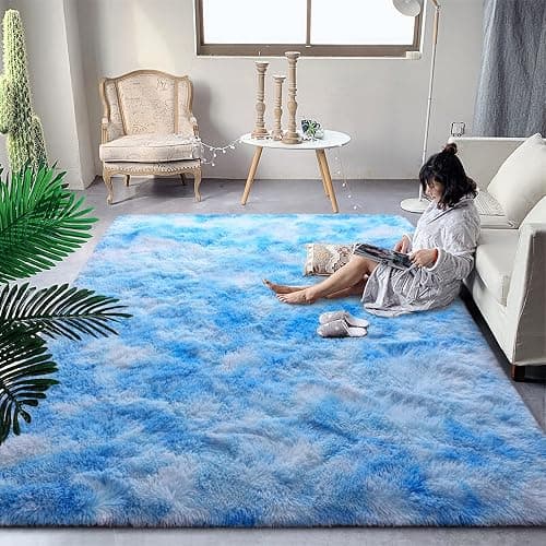 DweIke Fluffy Blue Shag Rugs for Bedroom Living Room, 3x5 Feet Soft Plush Tie-Dyed Light SkyBlue Girls Boys Kids Rug, Upgraded Non-Slip and Machine Washable Carpet for Dorm Nursery Classroom Decor - Image 1