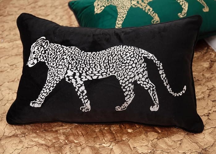 vctops Soft Velvet Embroidery Lumbar Decorative Throw Pillow Covers Leopard Pattern Cushion Case for Sofa Bedroom Couch (Black,12"x20") thumbnail 2