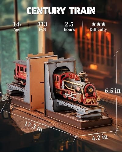 Rolife 3D Puzzles for Adults DIY Book Nook Kit Wooden VintageTrain Decorative Bookends 6.5" Model Building Kit Crafts for Adults Gifts for Boys Girls thumbnail 2
