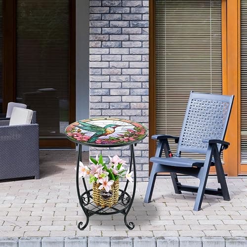 Cinnvoice Outdoor Side Table Round Small Mosaic Patio Accent Indoor End Plant Metal Coffee Tea Table for Yard Porch Garden Patio Living Room, Bedroom(Hummingbird Style,14 Inch) thumbnail 6