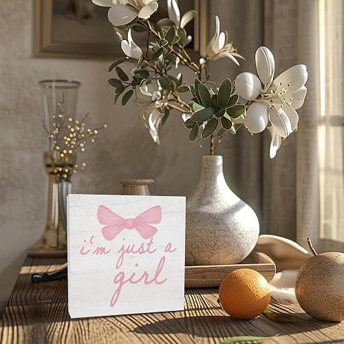 CUANFDDSF Trendy Pink Bow Coquette Room Decor Wooden Box Sign, Coquette Party Decor, Girls Room Decors, i’m Just a Girl Girly Bowknot Signs for Home Dorm Wall Desk Shelf Tabletop Decoration 5X5In thumbnail 4