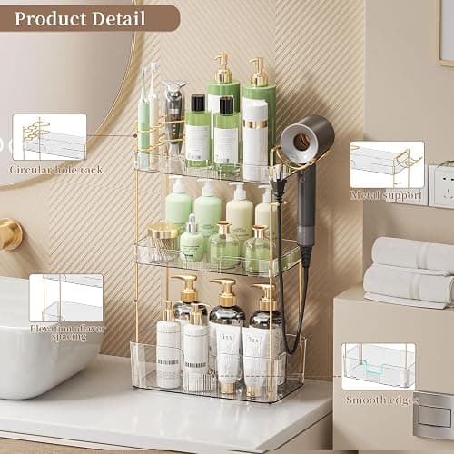 Akinbas 3 Tier Bathroom Organizer Countertop Makeup Perfume Tray Skincare Organizer Comes with Hair Dryer Rack and Toothbrush Holder for Bathroom Dresser Vanity (White) thumbnail 4
