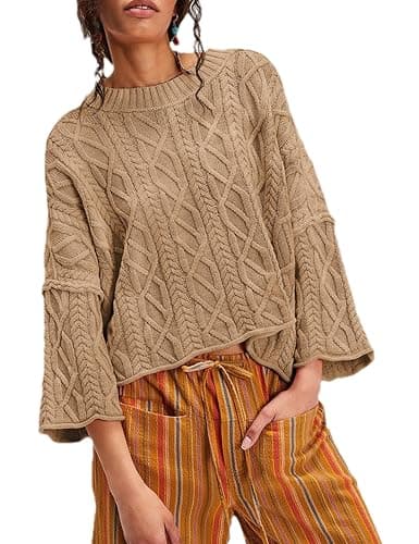 Zontroldy Women's Crewneck Lantern Sleeve Boxy Cable Knit Sweater Cropped Pullover Sweaters Jumper - Image 1