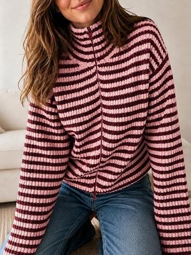 Saodimallsu Womens Striped Zip Up Sweaters Mock Neck 2026 Fall Trendy Casual Long Sleeve Loose Fit Knit Cardigan Tops thumbnail 5