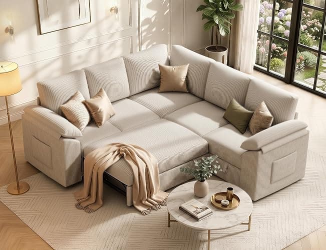 85 Inch Modular Sectional Sofa with Pull Out Couch Bed, L Shaped 5 Seat Sectional Couch with Storage, Corduroy Sectional Couches for Living Room, Cloud Modular Couch, Removable Sofa Cover, Beige thumbnail 2