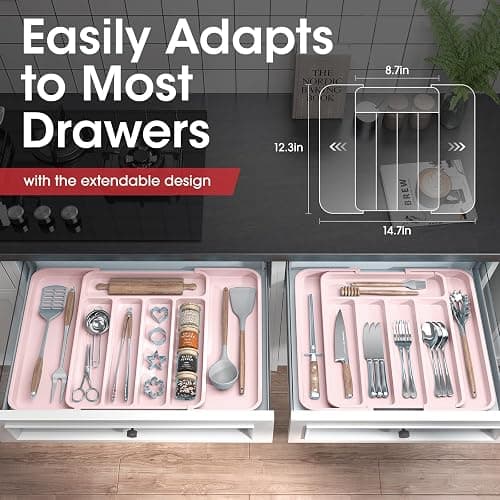 Aujen Silverware Organizer - Expandable Kitchen Drawer Organizer, Adjustable Utensil Organizer, Cutlery Tray for Forks, Knives, Multipurpose Kitchen Organizers and Storage Solution, Pink, Medium thumbnail 2