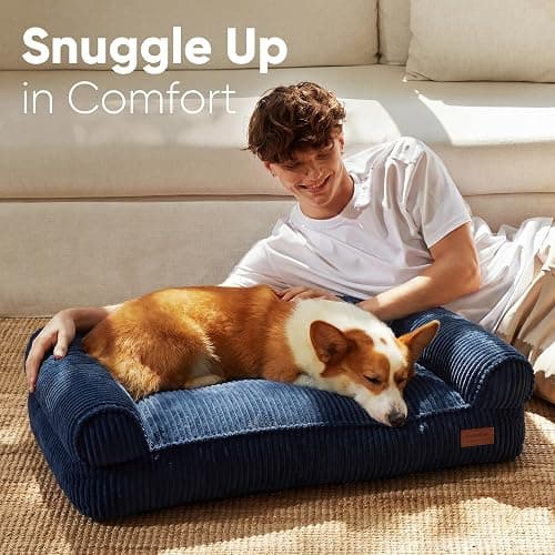 FUKUMARU Dog Couch Bed, Corduroy Cozy Cat Bed for Indoor Cats with Washable Cover, 28in Waterproof Orthopedic Dog Beds Sofa for Small Dogs and Large Cats, Cute Warm Cotton Pet Sofa, Blue thumbnail 3