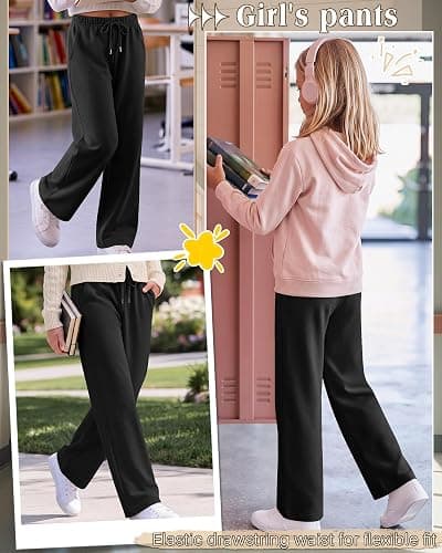 LessonZoo Girls Baggy Sweatpants Lightweight Pants | Wide Leg Pull on Athletic Jogger, Elastic Drawstring Waist and Pockets for School and Daily Wear, Casual Soft Trendy Bottoms thumbnail 5